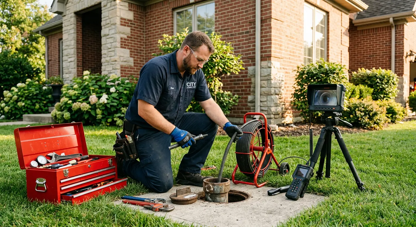 Sewer specialist with camera equipment servicing a cleanout in Independence