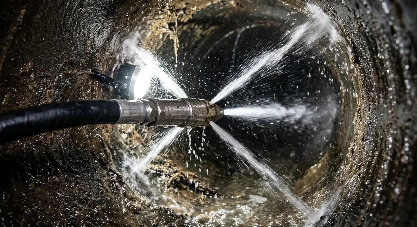 High-pressure hydro jetting nozzle cleaning sewer pipe for Trenchless Sewer Repair in Independence