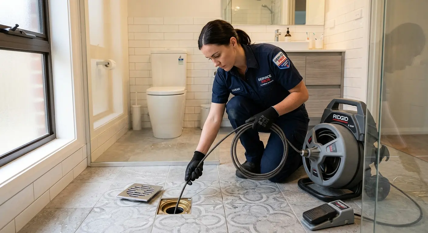 Technician clearing a bathroom floor drain for Drain Repair in Independence